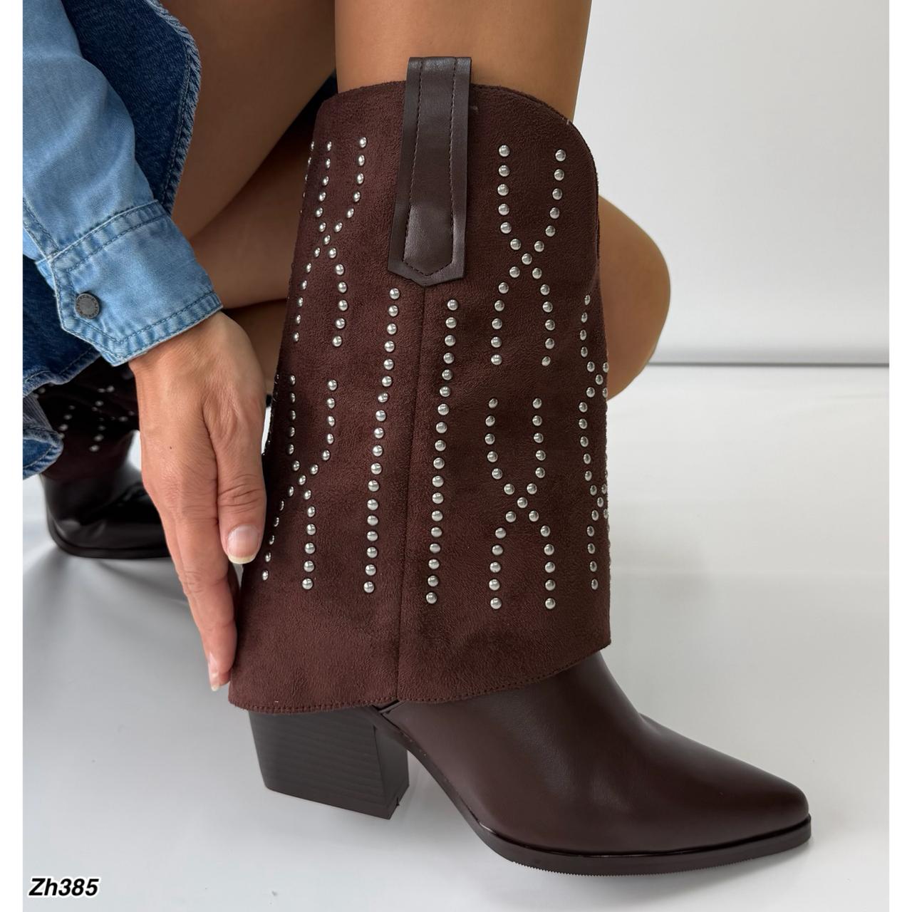 Bota texana cafe doblez apliques plateado tacon 8cm HX3108-C129 7